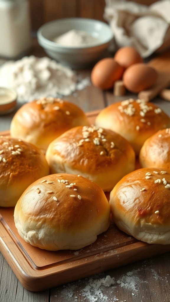 Golden brown homemade hamburger buns on a cutting board, some topped with sesame seeds.